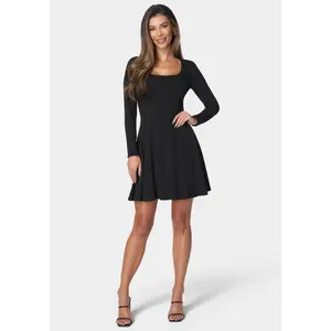Rib Long Sleeve Godet Dress
