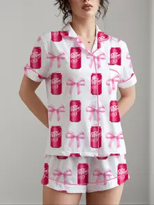 Women's Bowknot Butterfly Printed Sleepwear Set, Soft Shirt & Elastic Shorts, Casual Home Wear, All Seasons, Party