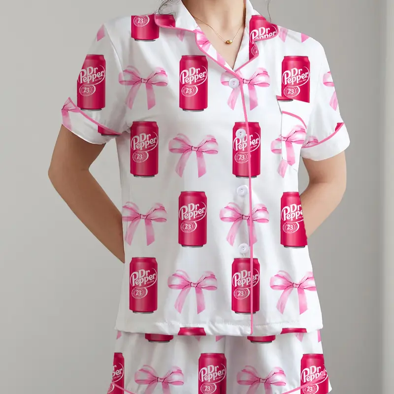 Women's Bowknot Butterfly Printed Sleepwear Set, Pajama Set, Soft Shirt & Elastic Shorts, Casual Home Wear, Summer Pajama Set, All Seasons, Party, Pjs, Loungewear