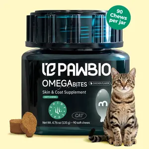 Pawbio Omega Bites for Cats - Skin & Coat Supplement with Omega-3s & DHA - 90 Soft Chews per Jar - Vet-Approved - Non-GMO - Chicken Flavor
