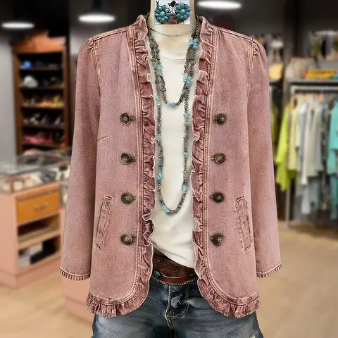 Cherrybetty 100%Cotton Solid Ruffle Trim Denim Jacket Windbreaker  Womenswear Coats Tops Outerwear Spring Fashion Outfit Inspo Plus Size Tiktok Shop Spring Glow Up