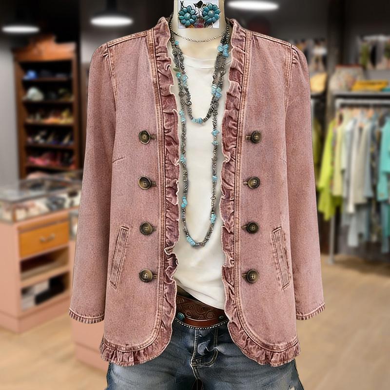 Cherrybetty 100%Cotton Solid Ruffle Trim Denim Jacket Windbreaker Womenswear Coats Tops Outerwear Spring Fashion Outfit Inspo Plus Size Tiktok Shop Spring Glow Up