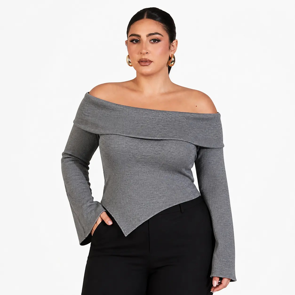DIA LLC Women’s Plus Size Off Shoulder Top, Dark Heather Gray Long Bell Sleeve Fitted Knit Shirt, Asymmetrical Hem Going Out Top 1XL–3XL Basic Casual