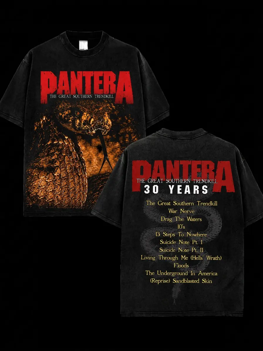 [MetalStyle] Pantera The Great Southern Trendkill 30th Anniversary Retro Unisex 100% Heavyweight Cotton T-Shirt – 90s Records Rock Cotton Tee, Groove Metal Rock Band Shirt, Oversized Vintage Tee, Heavy Metal Merch, Gift for Rock Fans