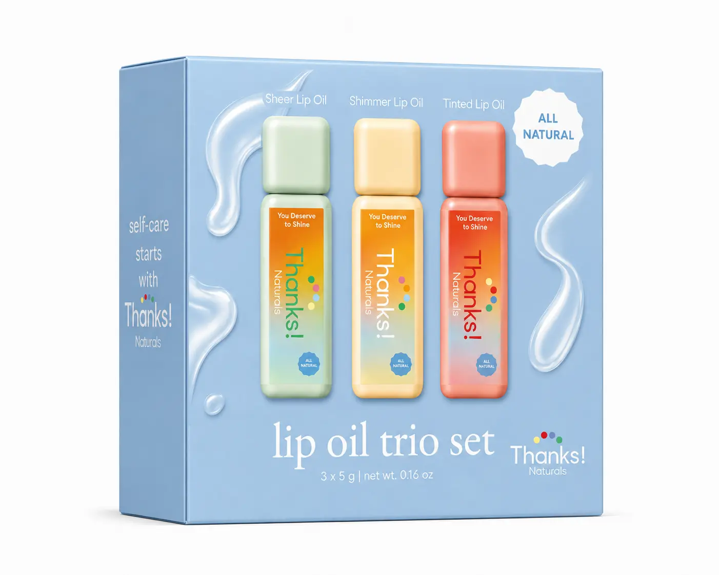 Thanks! Naturals Lip Oil Trio Set – Hydrating Lip Oils for Sheer, Tinted + Shimmer Shine, Glossy & Non-Sticky, 3-Piece Set