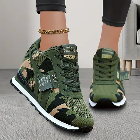 Women's Camo Height-Increasing Sneakers - Slip-On Lace-Up Low-Top, Comfortable Lightweight Breathable, Hidden Lift EVA Material All-Season Shoes for Outdoor, Sporty Chic Outfits Inspo, Women's Clothes Trending Shoes