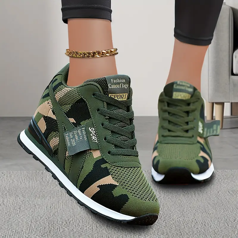 Women's Camo Height-Increasing Sneakers - Slip-On Lace-Up Low-Top, Comfortable Lightweight Breathable, Hidden Lift EVA Material All-Season Shoes for Outdoor, Sporty Chic Outfits Inspo, Women's Clothes Trending Shoes