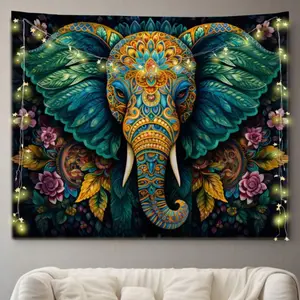 1pc Elephant & Flower Patterned Textile Tapestry With 3 Wall Nails And 2 Clips, Colorful Printed Square Wall Hanging Decoration With Drape Feel, Flag For Room, Room Decor, Tapestry, Wall Decor, Wall Art ,Room Stuffs, Flags For Room,   Wall Tapestry