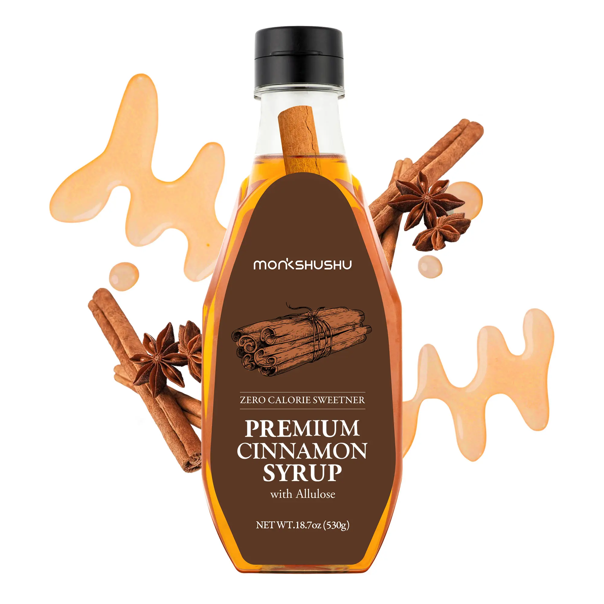 MONKSHUSHU Premium Cinnamon Allulose Syrup 18.7 Fl Oz - Liquid Sweetener for coffee and other drinks - Keto Diet, Vegan, Diabetes-Safe - Zero Calorie Sugar Substitute - Monk Fruit - Gluten Free