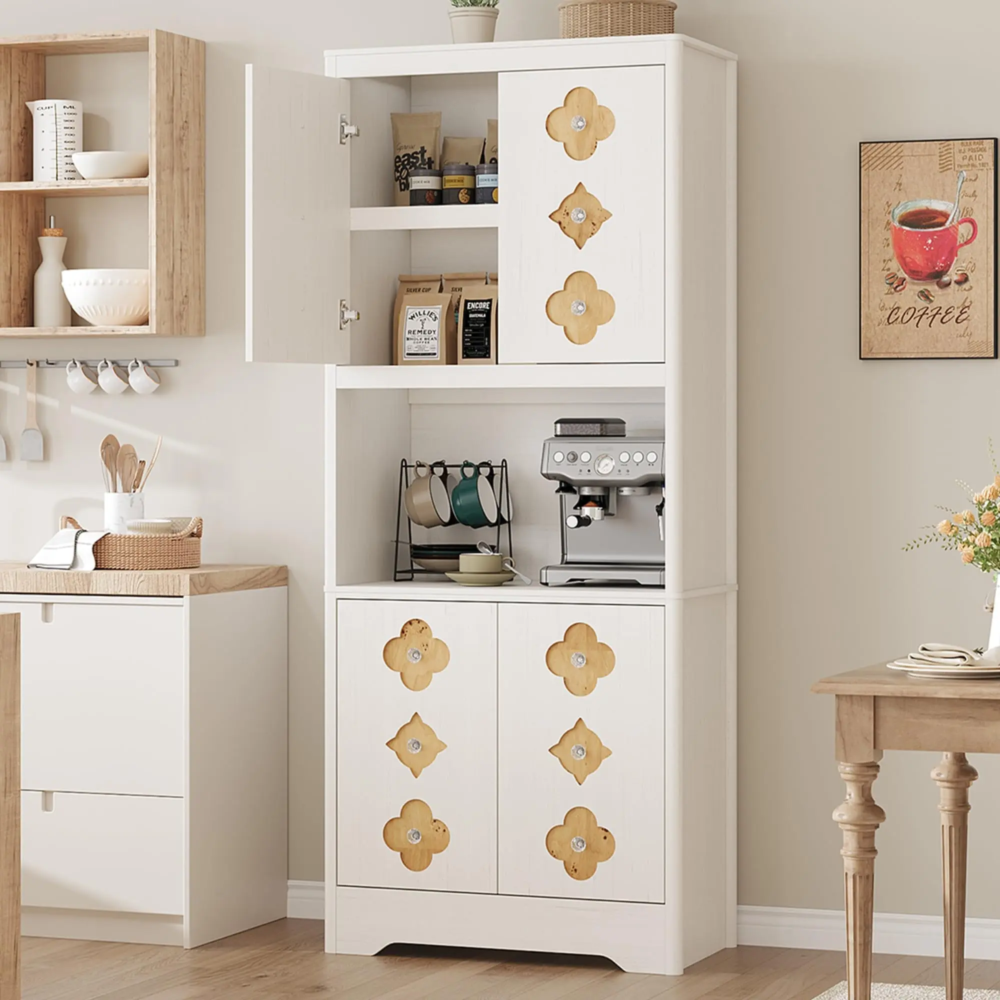 Garvee Sturdy Traditional 72" Tall Kitchen Pantry Cabinet, 16x30x70 Inches Freestanding Wooden Cupboard with Carved Door, Crystal Handle, Open Shelves, Anti-Tip Kits, 105.82 lbs, for Dining & Living Rooms, Antique White