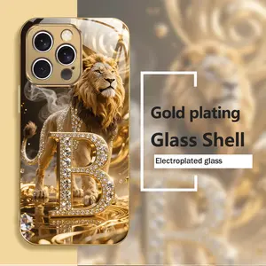 Diamond Lion B Pattern Electroplated Gold Texture Glass Phone Case Light Luxury High-end Feel Suitable for iPhone 16ProMax/17/12/13/14/15/16/SE4/XSMax/17/17Air/17ProMax