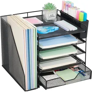 5-Tier Desk Organizer with File Holder Drawer Pen Holder, Desktop Paper Letter Tray Organizer for Classroom Office Supplies Black