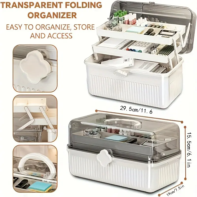 1 Transparent Plastic Folding Storage Box with Handle Large Capacity for Medicine Cosmetics Art Supplies