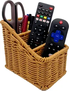 Handwoven Wicker Remote Control Holder 6" x 5" Rustic Rattan TV Remote Caddy Storage Box for Table, Farmhouse Desk Organizer Office Supplies,Makeup Brush Holder,Utensil Caddy (Golden Oak, Small - 3 Comp.)