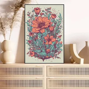 Bold Retro Floral Canvas Print Orange Teal Botanical Wall Art with Large Bloom Vintage Boho Decor for Living Room Bedroom Home Office Unique Statement Piece Modern Interiors