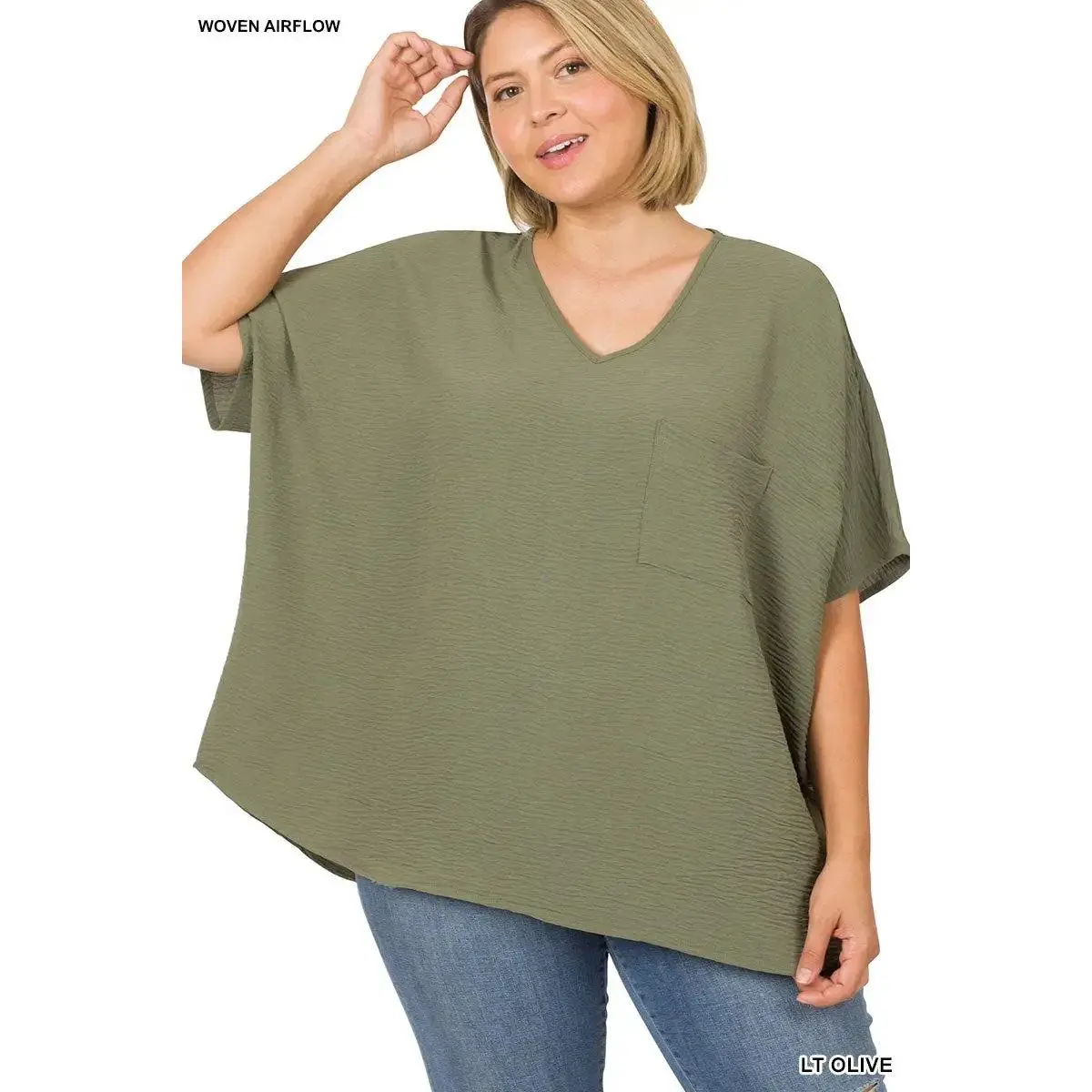 Zenana Plus Woven Airflow V-Neck Dolman Short Sleeve Top
