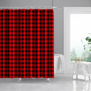Red & Black Buffalo Plaid Shower Curtain with 12 Smooth Roller Hooks Rustic Farmhouse Bathroom Decor Classic Checkered Pattern Waterproof Fabric Cozy Country Cabin Style