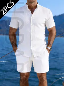 2pcs Summer Casual Men's Shirt and Shorts Set, Lightweight Breathable Button-Up Shirt, Perfect for Beach & Pool Parties