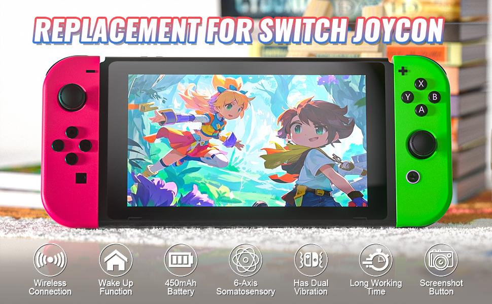 Switch Controller Set for Nintendo Switch 1/2/OLED/Lite Wireless Replacement Gamepad with Dual Vibration Motion Control 6-Axis Gyro & Wake-Up Function