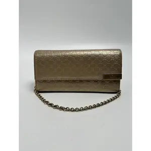 Pre-owned GUCCI leather wallet Micro GG Chain / Clutch – Metallic Champagne Gold SH444GG