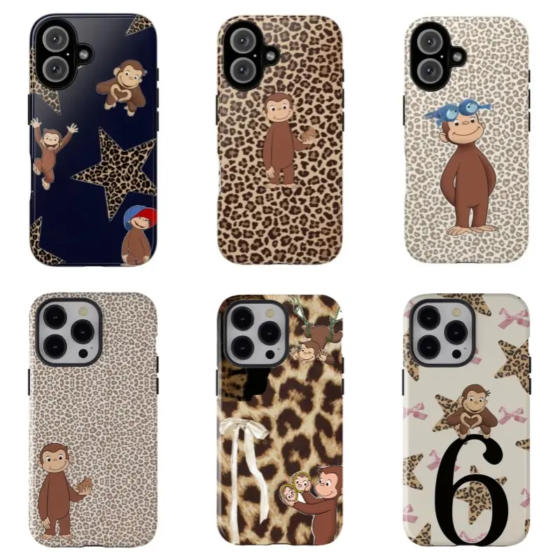 Cute Curious George Leopard Print Custom Wireless Cellphone Casing - Shockproof, Durable Resistance Protector for iPhone 11-17 ProMax Plus & Samsung Devices, Unisex Halloween/Christmas Mobile Accessory