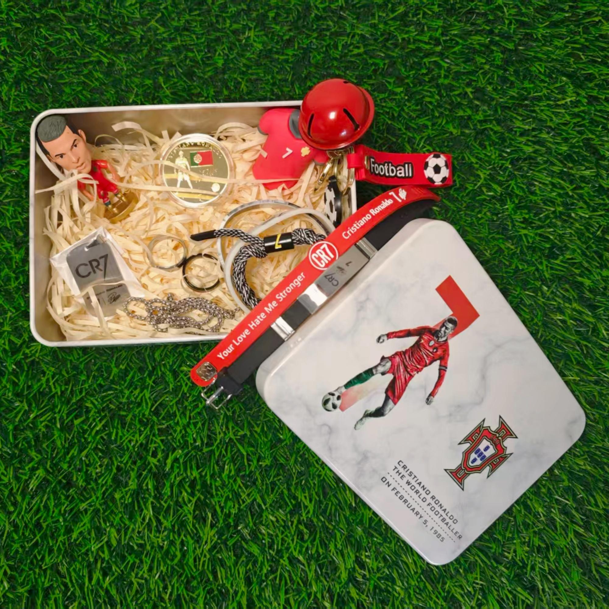 Ronaldo Gift Bundle(1 CR7 gift box+1 Keychain+1 Figure+1 Necklace+2 Rings+1 Commemorative Coin+5 wristbands)