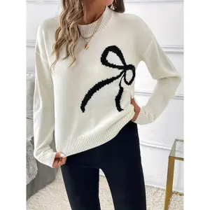 Elegant Bow-Knot Crew Neck Sweater for Women - Chic White Acrylic Pullover with Black Bow Detail, Long Drop Shoulder Sleeves, Perfect for Fall/Winter