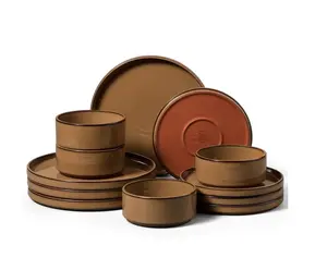 Vesteel 12-Piece Dinnerware Set, Ceramic Tableware Reactive Glaze Plates and Bowls Sets, Healthy Yixing Purple Clay Dishes Set, Dishwasher & Microwave Safe