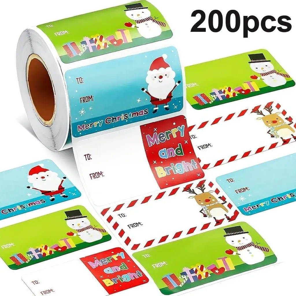 Adhesive Christmas Stickers, 1 Roll 200 Sheets Holiday Gift Labels for Wrapping, Gift Boxes and Festive Decor, Perfect for Christmas Gifts, New Year Gifts, Sister Gifts and Office Gift Exchanges