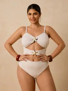 Cutout One Piece Swimsuit For Curvy Girls, Plus Size Gold Starfish Bathing Suit Slimming Body Shaping