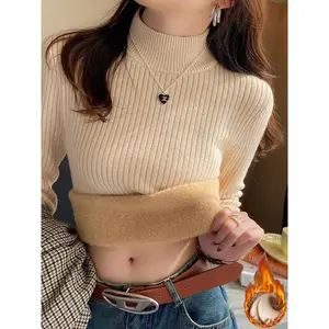 Women's Turtleneck Sweater Winter 2025 Retro Red with Velvet Lining Thickened Inner Wear Thermal Knitting Bottoming Shirt