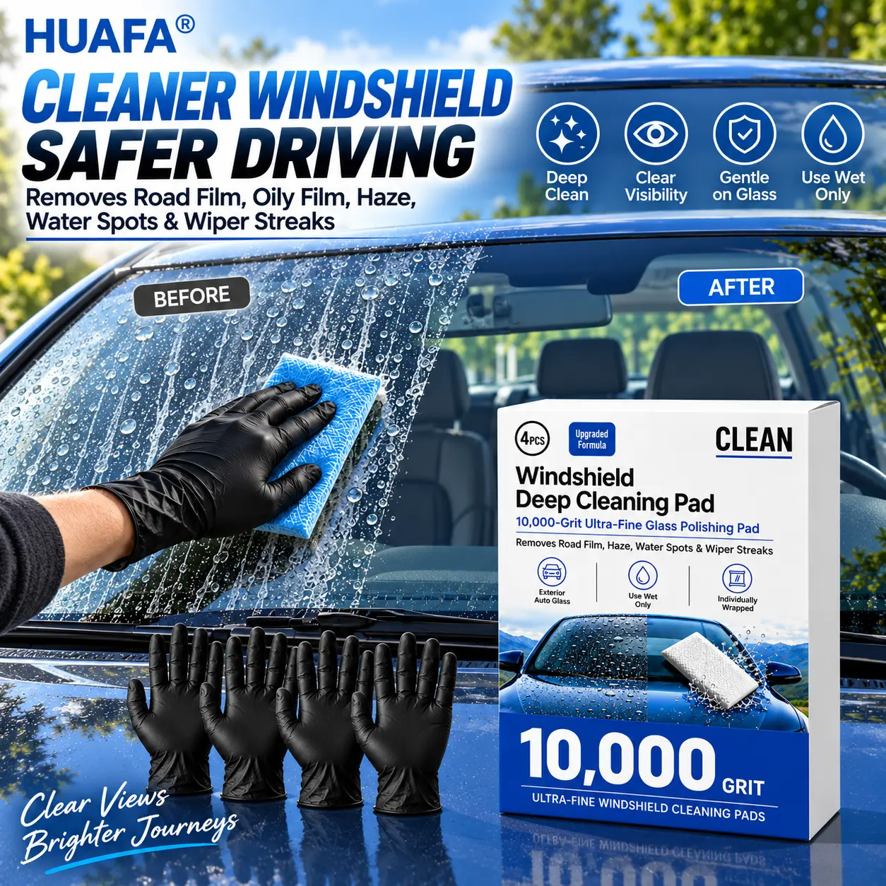 Windshield Deep Cleaning Pads, 4PCS Auto glass deep cleaning Pads with 4 Nitrile Gloves, Removes Road Film, Oily Film, Haze, Water Spots & Wiper Streaks, Gentle on Glass, Restores Clear Driving Visibility