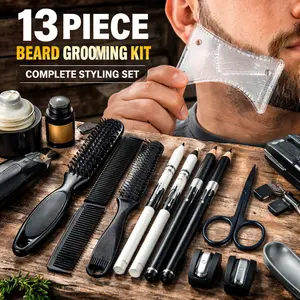 13Pcs Beard Shaper Tool Kit for Men Grooming – White & Black Barber Pencil for Lineup Edging with Sharpener, Hairline Beard Guide, Eyebrow Scissors, Shaping Comb, Clipper Cleaning Brushes – Hair Combs Set