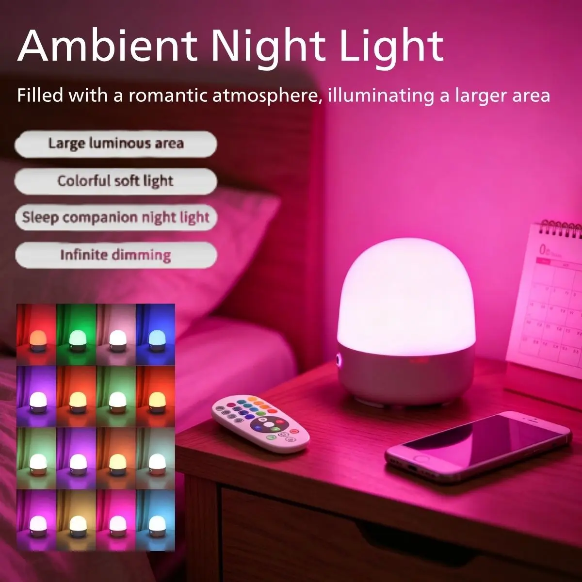 Adjustable LED Night Light, Ambient Decor Lighting, Remote & Touch Sensor Bedside Lamp, Nightstand Led, USB Rechargeable, 3 Colors & 16 Colors, Portable Desk Lighting, Sleep Aid, Gift, Dimmable Touch Lamp