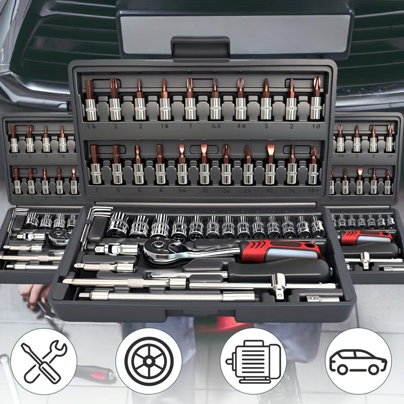 46-piece heavy-duty 1/4-inch quick-release ratchet socket wrench set, including screwdriver components and extension rod - comes with ratchet storage box - sturdy and durable, suitable for professional technicians and - compatible with vehicles