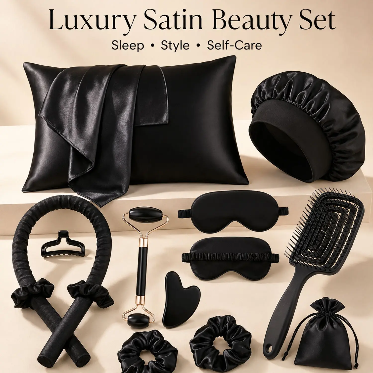 Luxury Satin Hair Care & Sleep Set, Heatless Curling Rod Kit with Satin Pillowcase, Bonnet, Sleep Mask, Detangling Brush & Beauty Accessories for Frizz-Free Hair, Overnight Styling & Self Care, Heatless Curler, Heatless Styling Tool, Hair Tools