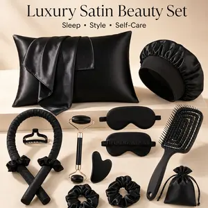 Luxury Satin Hair Care & Sleep Set, Heatless Curling Rod Kit with Satin Pillowcase, Bonnet, Sleep Mask, Detangling Brush & Beauty Accessories for Frizz-Free Hair, Overnight Styling & Self Care