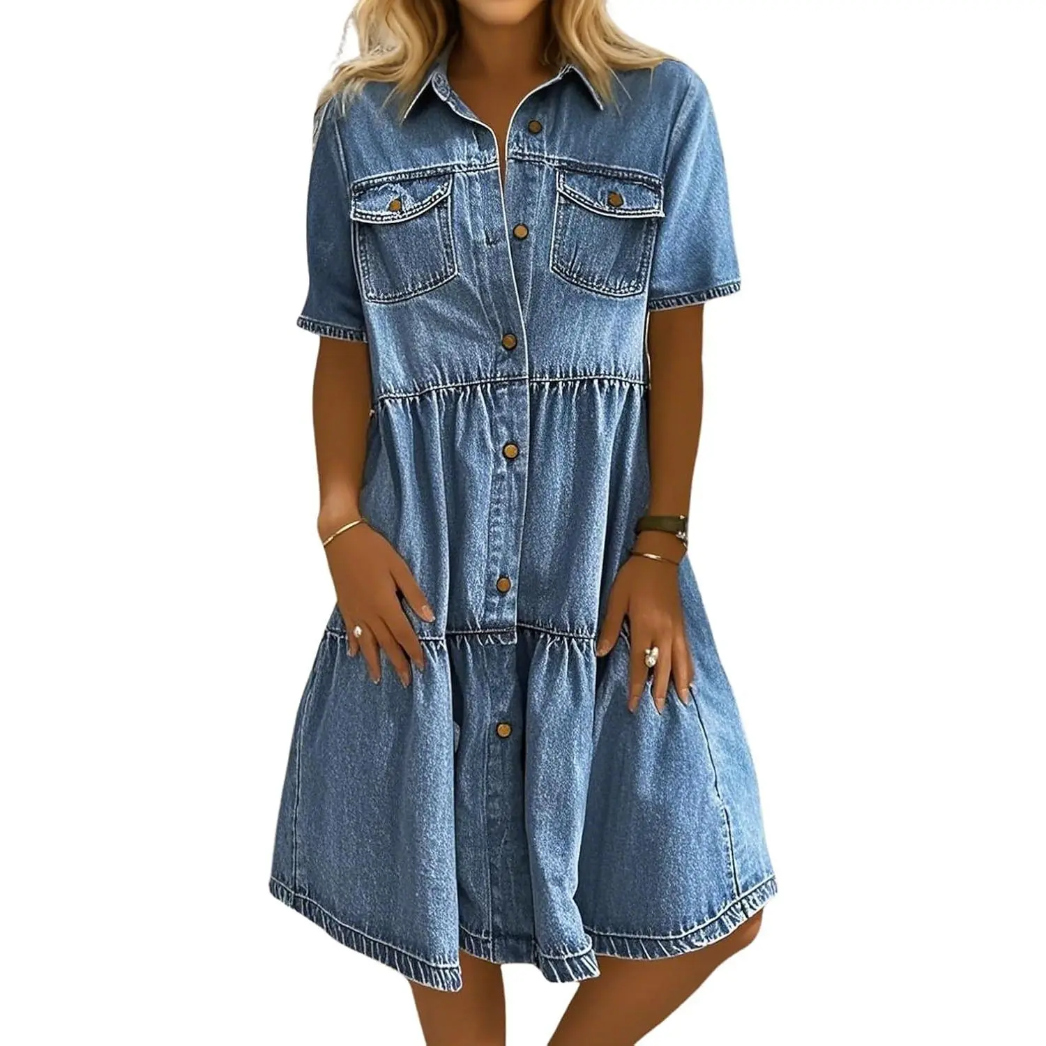 Women Summer Casual Button Down Midi Denim Shirt Dress Cute Distressed Tiered Ruffle Jean Dress