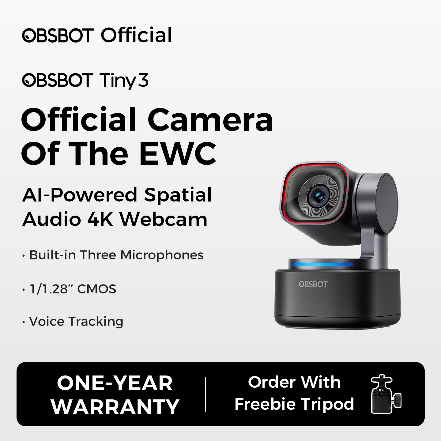 OBSBOT Tiny 3 AI-Powered Wired 4K Webcam with 1/1.28" Image Sensor, AI PTZ Auto-Face Tracking, Tri-Mic, Voice/Gesture Control, Voice Activated Recording, Auto Focus, 120FPS, High Dynamic Range, Live Streaming Gadget for PC/Laptop Meetings