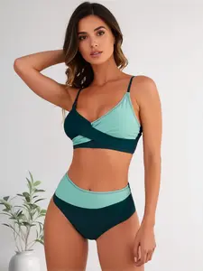 Two Tone Green Twist Front High Waist Bikini Set – Crisscross Back Sexy Tummy Control Swimwear