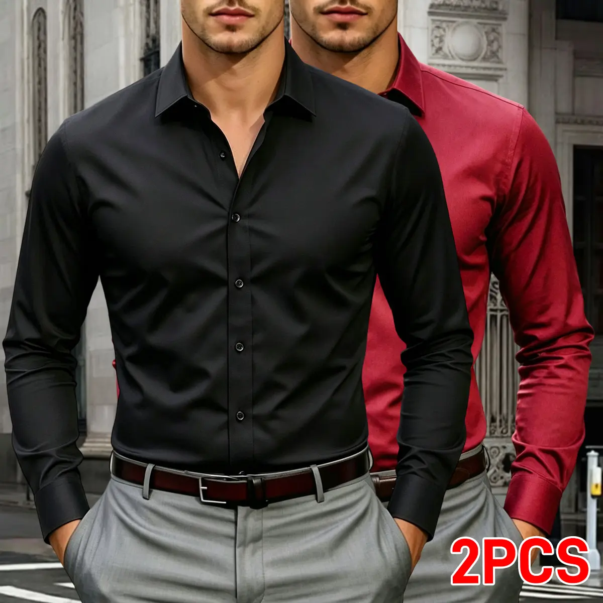 Men's 2-Pack Business Casual Shirts, Long Sleeve Wrinkle-Resistant Stretchy Polyester Tops, Breathable and Lightweight for Work Interviews, Work Top