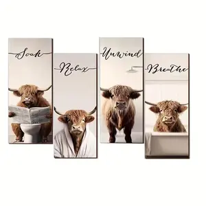 4-Piece Highland Cow Bathroom Decor Wood Set, Relaxing Soaking Bath Accessory, Rustic Farmhouse Style, Hanging Cow Sign for Home Laundry Room
