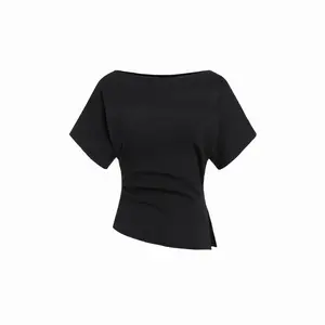 Cider Knit Boat Neck Asymmetrical Hem Spilt Batwing Sleeve Top