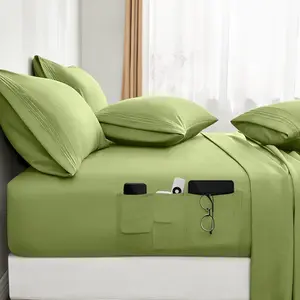 6 Pieces Bed Sheets Set with Pockets on Side(Queen, Sage Green), Sweat-Wicking Breathable Sheets, 16-inch Soft Hotel Embroidered Microfiber Sheet Set