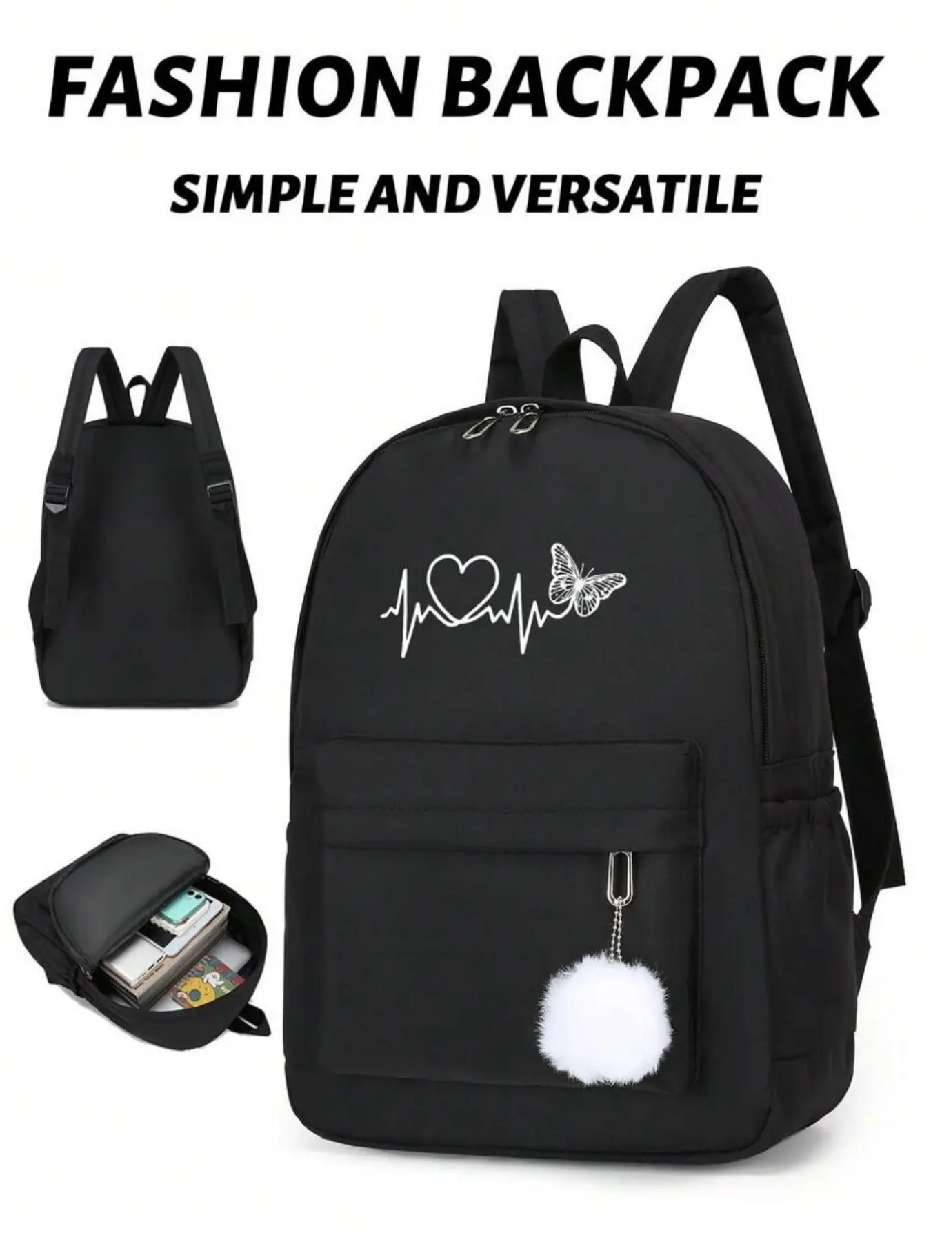 Unisex Casual Butterfly Heart Ecg Print Backpack, Cute Versatile Backpack, Large Capacity Multi-Pocket Travel Bag, Fashionable Short-Trip Shoulder Bag, Traveler Essentials Backpack