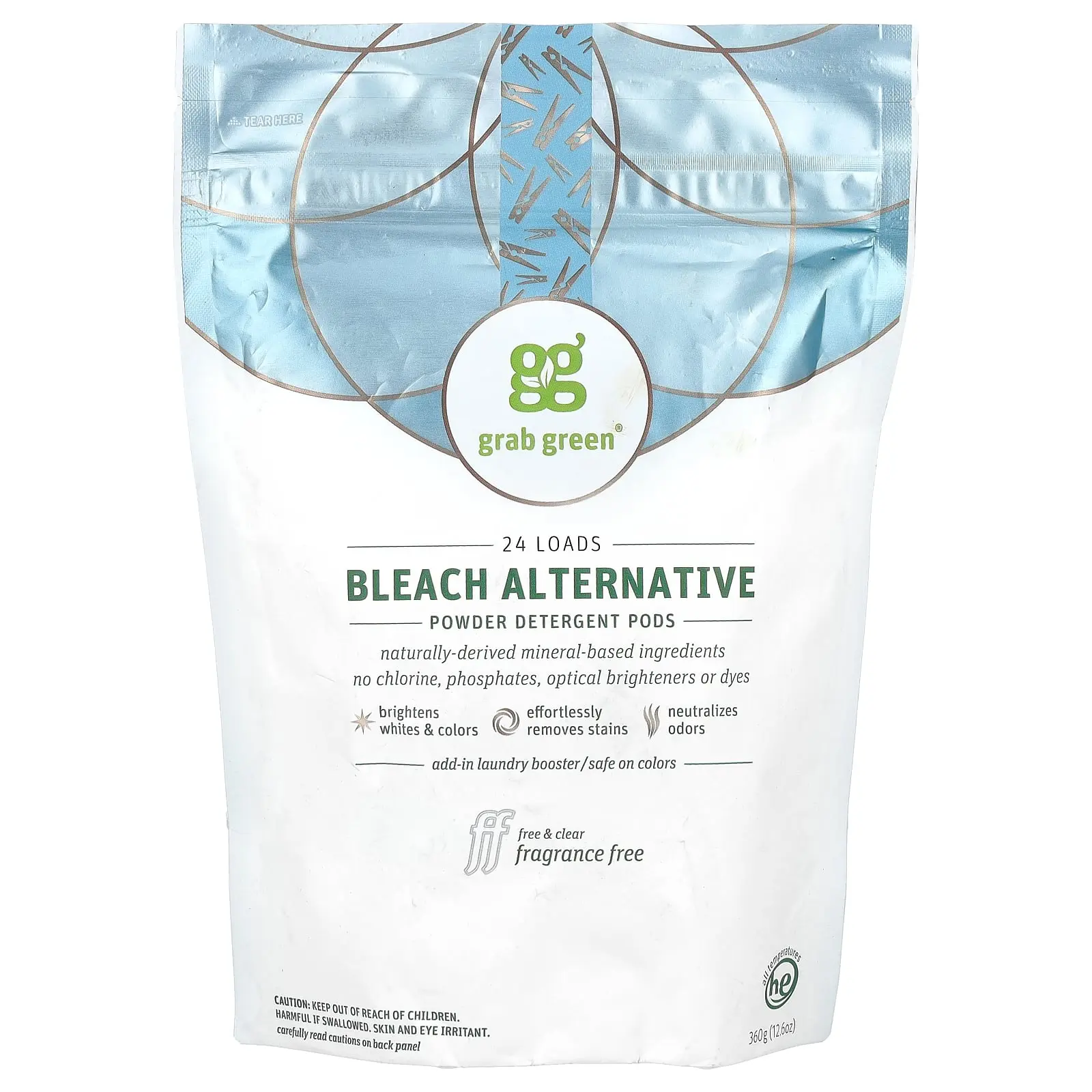 Grab Green Bleach Alternative Powder Detergent Pods, Fragrance Free, 24 Loads, 12.6 oz (360 g)