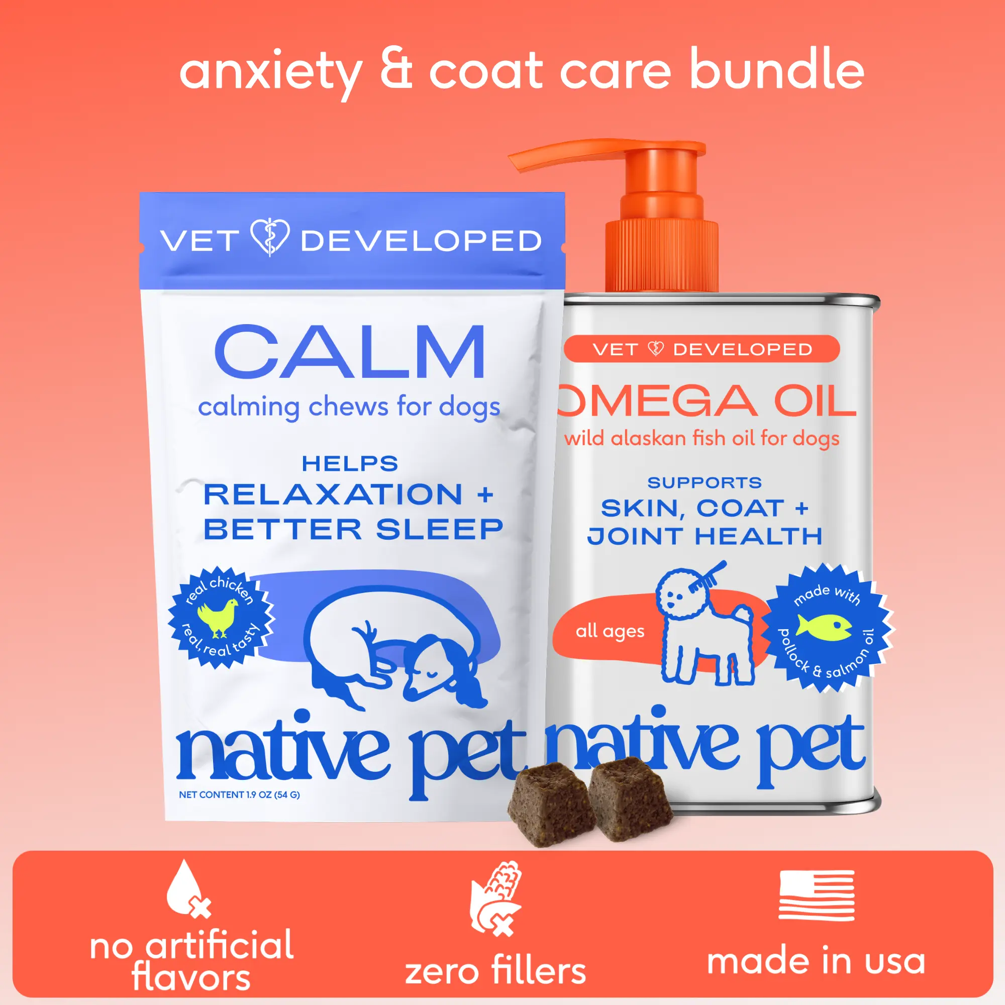 Omega Oil + Calm Chews for Dogs – Healthy Skin & Coat + Calm, Restful Sleep Support | Vet-Developed, Clean Ingredients