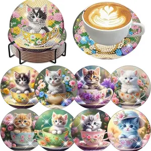 8 pieces/set of diamond art painting coasters with brackets, DIY animal cat pattern diamond art coasters, suitable for both adults and beginners as diamond painting sets, diamond set craft supplies, exquisite gifts for friends