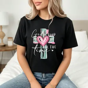 Women's Cotton Christian Graphic T-Shirt, "God Is Good All The Time" Cross & Heart Print Short Sleeve Tee, Casual Loose Fit Top, S-5XL Sizes, Black Basic Crewneck Tshirt For Daily Wear, Religious Faith Inspired Apparel