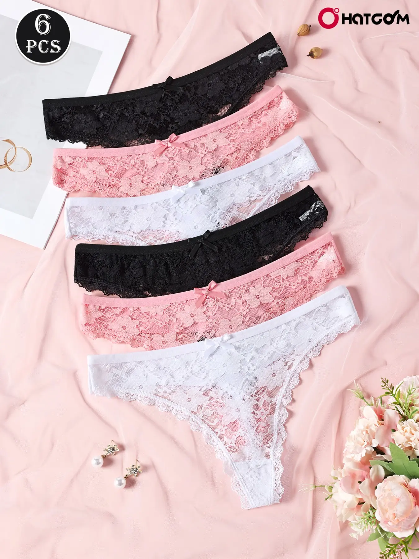 HOTCOM Elegant Feminine Chic Lace Trim Women's Panty Set, 6 Pack, Fit, Floral Pattern, Bow Design, Romantic Night, Sexy and Alluring, Multi-Color, Sizes S-Xl, Floral Lace Underwear, Womenswear